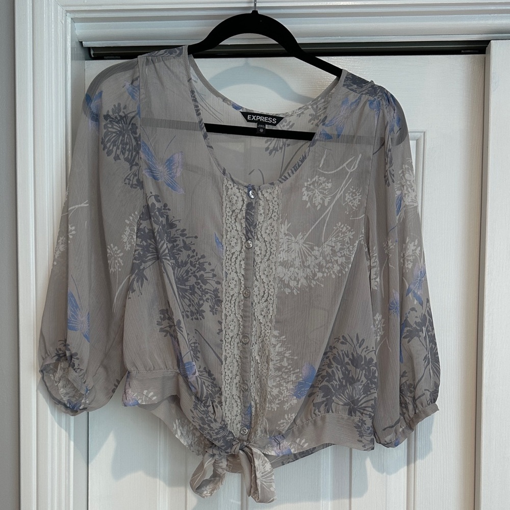 Express Sheer Gray and Blue Floral Blouse